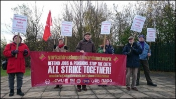 National Shop Stewards Network activists lobby victimised CWU rep John Vasey's dismissal appeal, photo by Iain Dalton