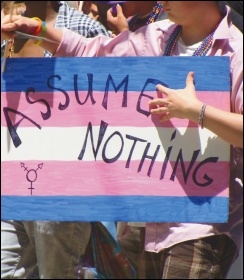 A transgender pride flag on a San Francisco LGBT pride march, photo by Marilyn Roxie (Creative Commons)