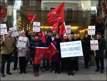 Picket line at Legal & General flagship site in Kingswood, Surrey, photo Socialist Party