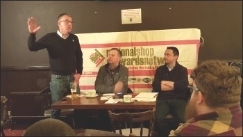 NSSN meeting in Port Talbot. Owen Herbert, Swansea RMT secretary speaking; Ken Smith in the chair; Rob Williams on the right. February 2016