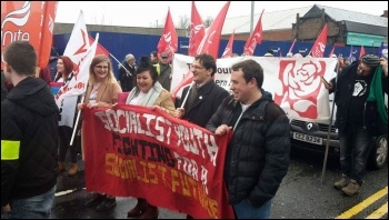 Socialist Youth and Unite members march against job losses in Ballymena, Northern Ireland, 8.2.16, photo by Socialist Party Northern Ireland