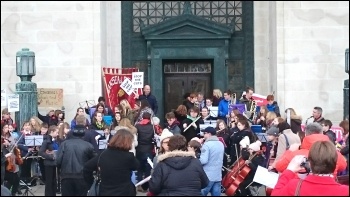 Protest outside council budget setting meeting, Swansea, 25.2.16