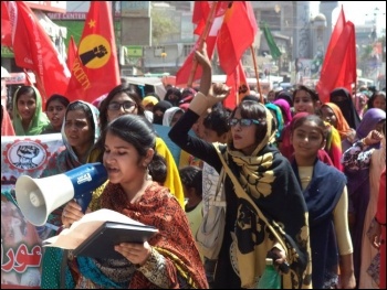 Women members of the Socialist Movement Pakistan lead a march against religious extremism on International Women's Day 2014, photo by CWI Pakistan