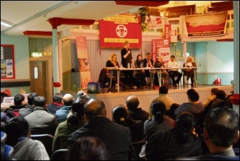 Tessa Warrington addresses a BFAWU meeting to give solidarity from the NSSN, 26.2.16, photo by Mike Barker