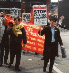 Max Neill leading (left with bullhorn) anti poll tax demo in Preston
