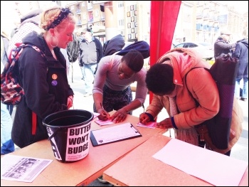 Wanting more info about the Socialist Party; Butterfield tenants & supporters, 2.4.16, photo by Sarah Wrack