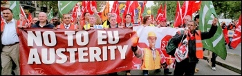 RMT banner: No to EU austerity, photo Paul Mattsson