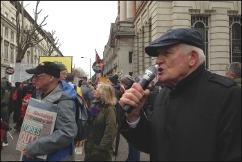 Tony Mulhearn  speaking from the Socialist Party's 'open mic' at an anti-austerity demonstration in London, photo Paula Mitchell