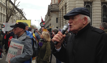 Tony Mulhearn (Liverpool 47) speaking from the Socialist Party's 'open mic' on the 16th April national anti-austerity demonstration in London, photo Paula Mitchell