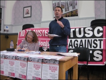 Rob Williams speaking at the TUSC meeting in Leicester photo Leicester Socialist Party