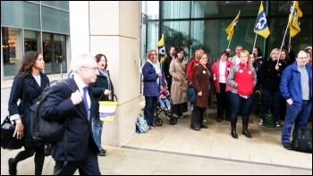 BIS Permanent Secretary Martin Donnelly running the gauntlet of the  PCS picket line, 27.5.16, photo by A Tice