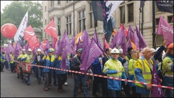 Tata Steel workers marching outside parliament, 25.5.16, photo by Scott Jones