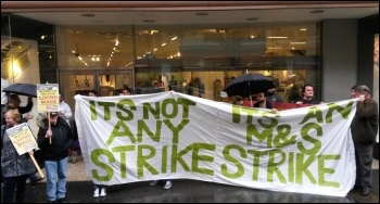 Striking Pennine Foods workers picket Marks and Spencer, May 2016, photo by Alistair Tice