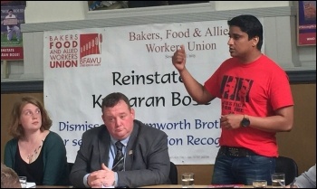 Victimised BFAWU rep Kumaran Bose speaking at a public meeting of his defence campaign, photo by Steve Score