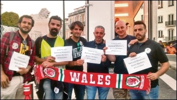 João (left) with dock workers in Portugal sending solidarity to National Museum Wales strikers