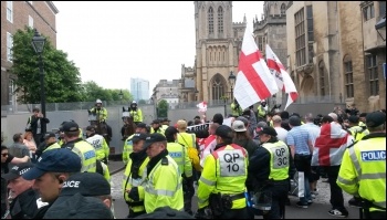 The tiny, fascist South West Infidels group march through Bristol surrounded by a huge police presence, 4.6.2016, photo by Bristol SP