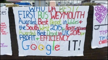 Dorset First Group bus drivers' banner, July 2016, photo Izaak Collins