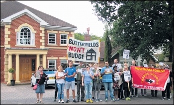 Threatened Butterfields tenants protesting outside their bully landlord's house, 3.7.16, photo Mike Cleverley