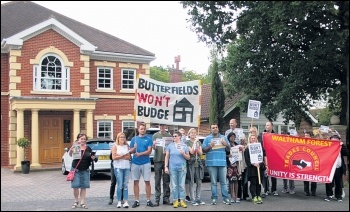 Threatened Butterfields tenants protesting outside their bully landlord's house, 3.7.16, photo by Mike Cleverley