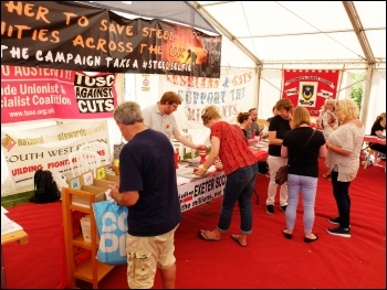 Socialist Party stall (also promoting TUSC and South West NSSN), Tolpuddle, July 2016, photo by Matt Carey