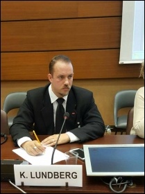 Kristofer Lundberg of the Socialist Party's sister party in Sweden speaking at the United Nations, photo by Rättvisepartiet Socialisterna