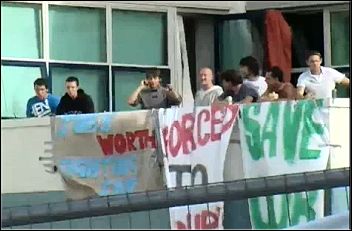 Vestas wind turbine plant workers occupy to protest against redundancies, photo RMT television