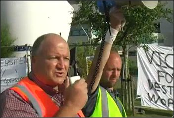 Bob Crow, RMT general secretary speaks to Vestas wind turbine workers occupying to protest against redundancies, photo RMT television