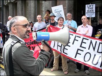 Onay Kasab, branch secretary Greenwich Unison, addressed lobby of Unison HQ to protest against banning from office of Socialist Party members, photo by Alison Hill