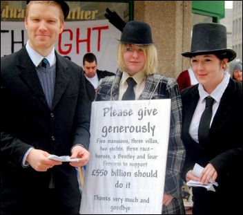 Youth Fight for jobs campaigning in Cardiff against the bankers bailouts and bonuses, photo Cardiff YFJ