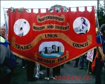 Trade union banners on the protest against the BNP's 'festival of hate', photo Jim Reaves