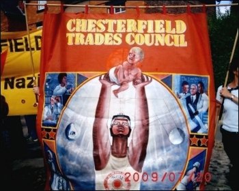 Trade union banners on the protest against the BNP's 'festival of hate', photo Jim Reaves