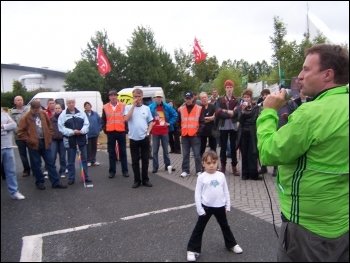 Socialist Party councillor Rob Windsor addresses Vestas wind turbine plant workers in occupation during demonstration against closure, photo Senan