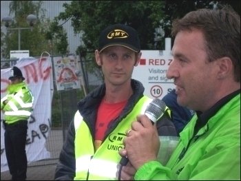 Socialist Party councillor Rob Windsor addresses Vestas wind turbine plant workers in occupation during demonstration against closure, photo Senan