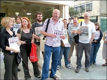 Brian Debus (centre) with supporters outside the latest Unison disciplinary hearing, photo Alison Hill