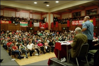 Bob Crow, general secretary of the Rail, Maritime and Transport workers union RMT, addresses Socialism 2009, photo Rob Emery