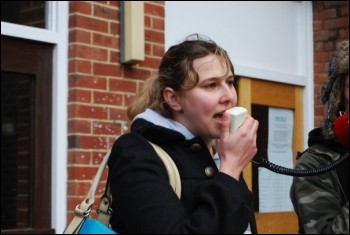 Sussex university students demonstrate - Clare Laker-Mansfield on the megaphone, photo Socialist Students
