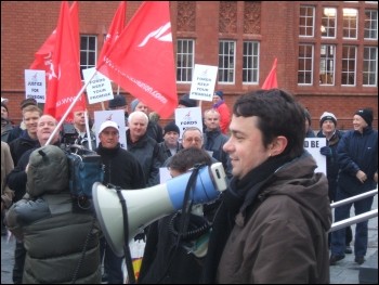 Visteon pensioners protest in Wales outside the Welsh parliament, photo Socialist Party wales