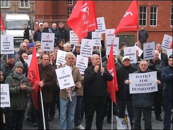 Visteon pensioners protest in Wales outside the Welsh parliament, photo Socialist Party wales