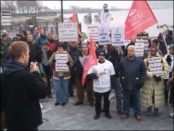 Visteon pensioners protest in Wales outside the Welsh parliament, photo Socialist Party wales