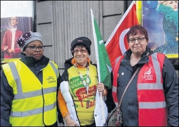 RMT members joined by Socialist Party member and Unite bus steward Joanne Harris, photo by Helen Pattison