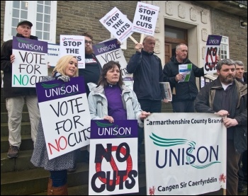 Trade unionists in Carmarthenshire lobbying the council for a no-cuts budget in 2014, photo Scott Jones