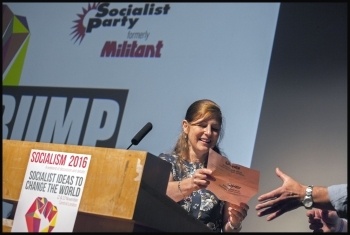 Judy Beishon making the financial appeal at Socialism 2016, photo Paul Mattsson