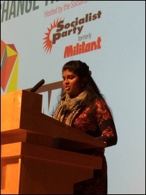 Isai Priya speaking for Tamil Solidarity at the closing rally of Socialism 2016, photo by Dave Gorton