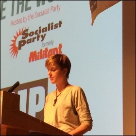 Medical student Zoë Brunswick speaking at the closing rally of Socialism 2016, photo by Dave Gorton