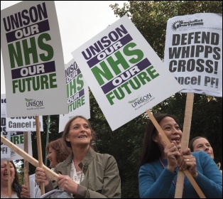 Health workers and campaigners marching against cuts at Whipps Cross Hospital, east London, photo by Paul Mattsson