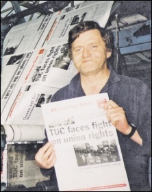 John Sharpe working on the Militant's press, here pictured printing the Morning Star on one of the two occasions Militant assisted with this