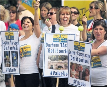 Durham's striking teaching assistants have forced the city's Labour council to suspend massive pay cuts, photo by Durham TAs Durham's striking teaching assistants have forced the city's Labour council to suspend massive pay cuts, photo by Durham TAs