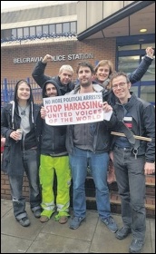 Petros Elia (centre), general secretary of the United Voices of the World union, on his release from custody, photo by UVW