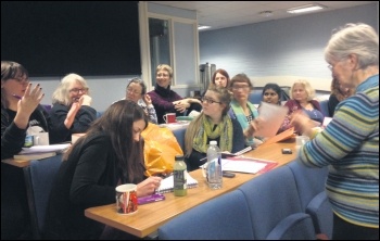 Becci Heagney speaking at the Socialist Party national women's meeting, 7.1.17, photo by Sarah Wrack