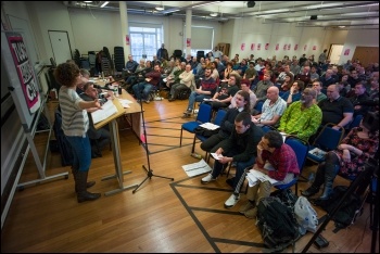 Hannah Sell moving the Socialist Party's motion to stand against Blairites at the 2017 TUSC conference, photo by Paul Mattsson